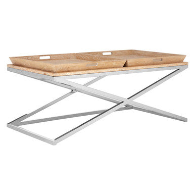 Natural Oak Wood Coffee Table with Polished Steel Cross Frame Legs and 2 Removable Serving Trays, Holland