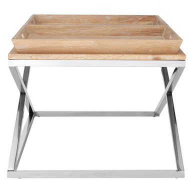 Natural Oak Wood Coffee Table with Polished Steel Cross Frame Legs and 2 Removable Serving Trays, Holland