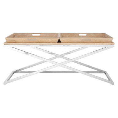 Natural Oak Wood Coffee Table with Polished Steel Cross Frame Legs and 2 Removable Serving Trays, Holland