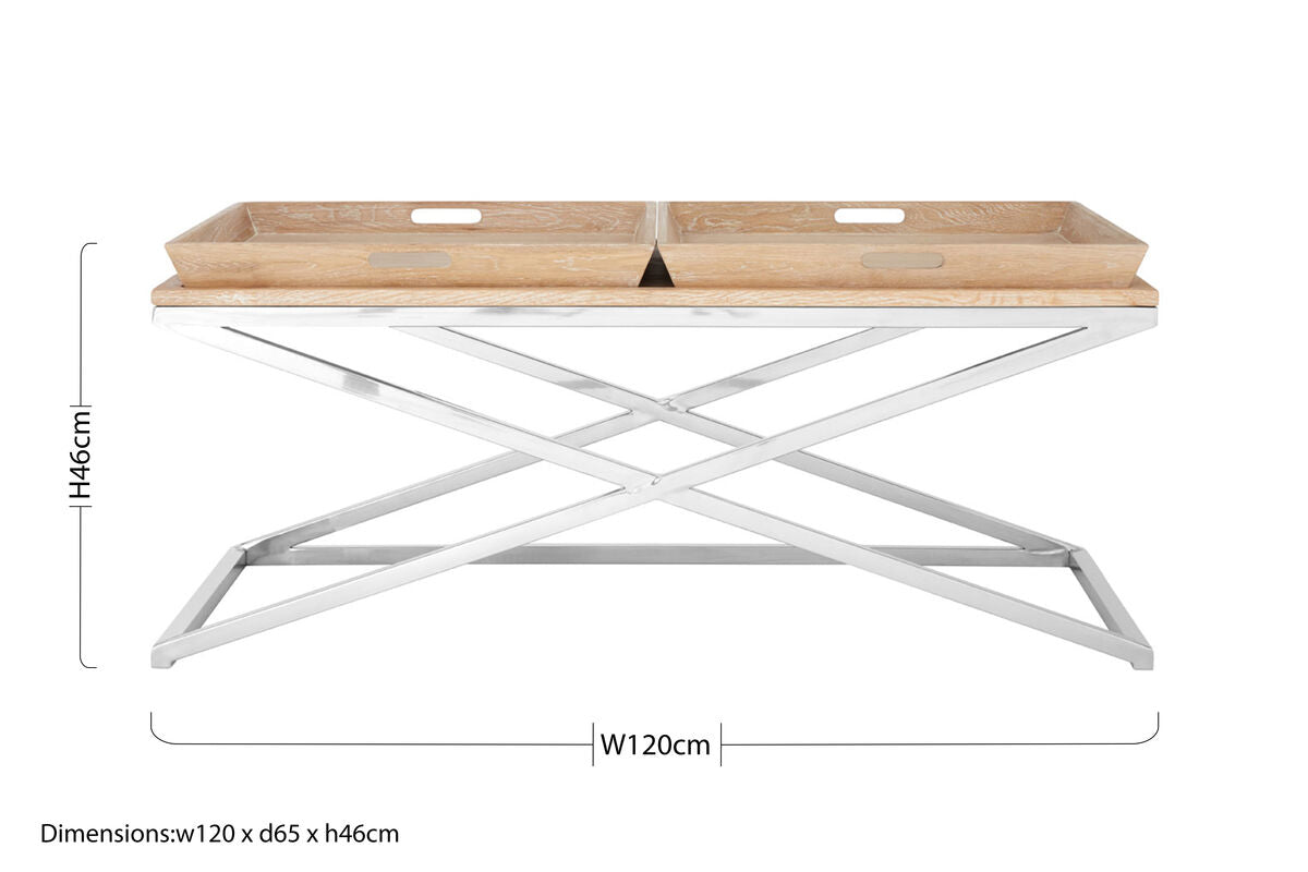 Natural Oak Wood Coffee Table with Polished Steel Cross Frame Legs and 2 Removable Serving Trays, Holland