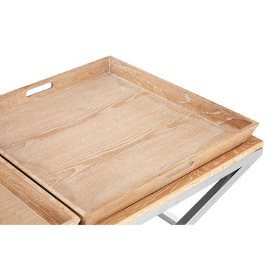 Natural Oak Wood Coffee Table with Polished Steel Cross Frame Legs and 2 Removable Serving Trays, Holland