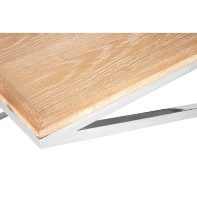 Natural Oak Wood Coffee Table with Polished Steel Cross Frame Legs and 2 Removable Serving Trays, Holland