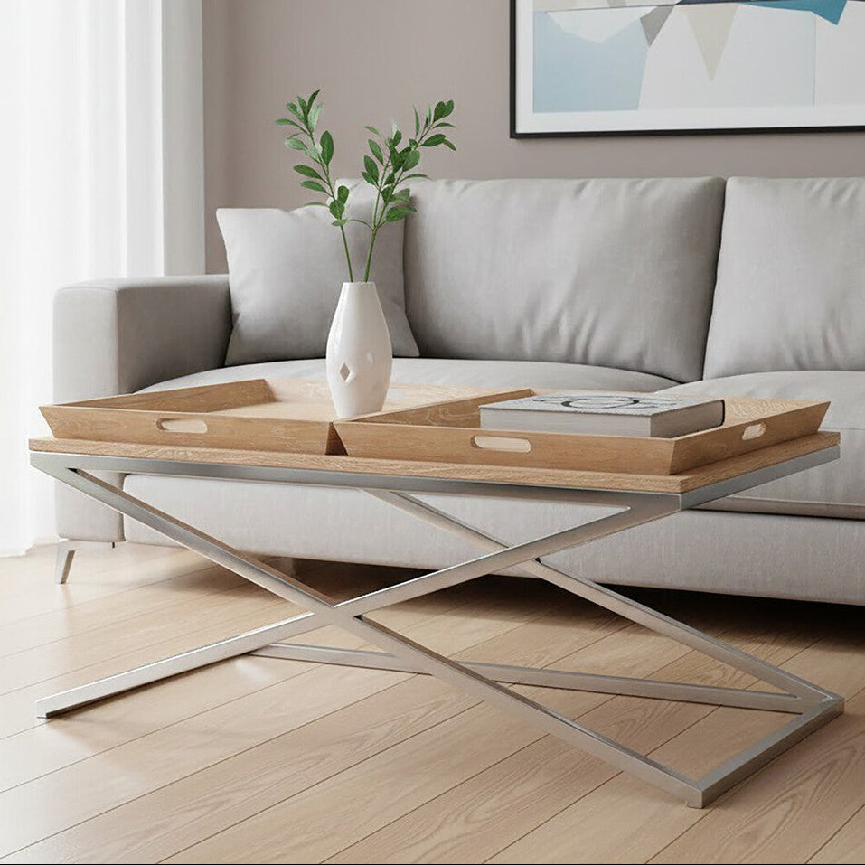 Natural Oak Wood Coffee Table with Polished Steel Cross Frame Legs and 2 Removable Serving Trays, Holland