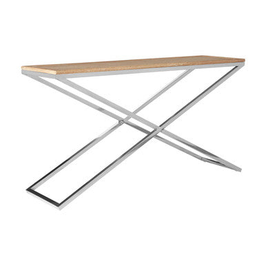Natural Oak Wood Console Table with Polished Steel Cross Frame Legs , Holland