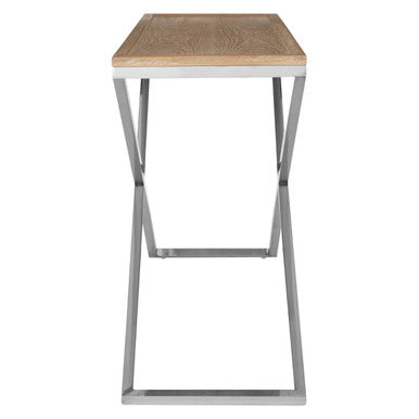 Natural Oak Wood Console Table with Polished Steel Cross Frame Legs , Holland