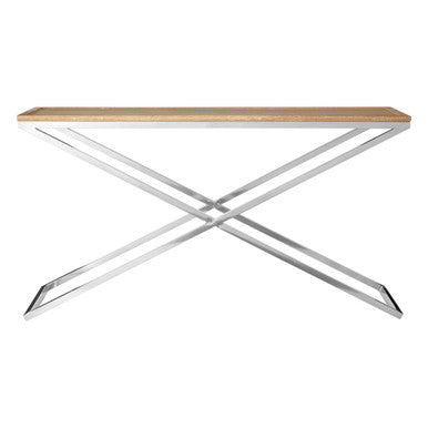 Natural Oak Wood Console Table with Polished Steel Cross Frame Legs , Holland