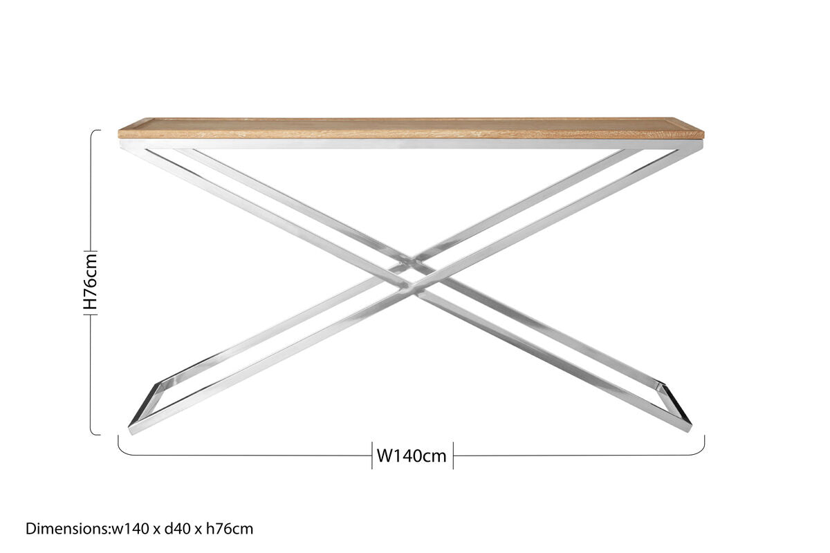 Natural Oak Wood Console Table with Polished Steel Cross Frame Legs , Holland