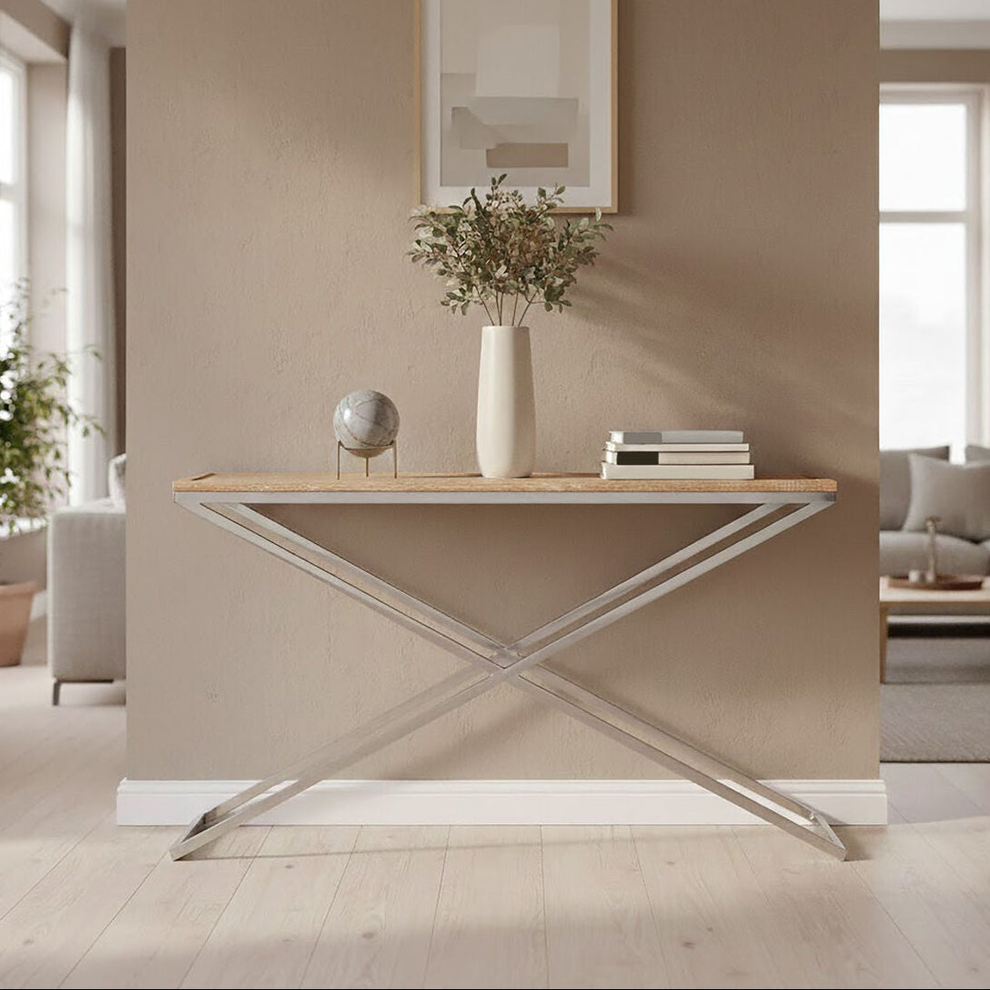 Natural Oak Wood Console Table with Polished Steel Cross Frame Legs , Holland