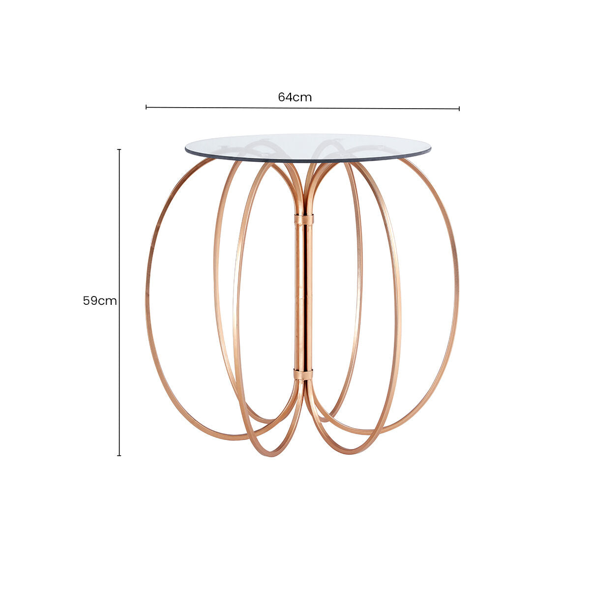 Convex Glass Top Side Table with Rose Gold Circular Iron Base, Lexa