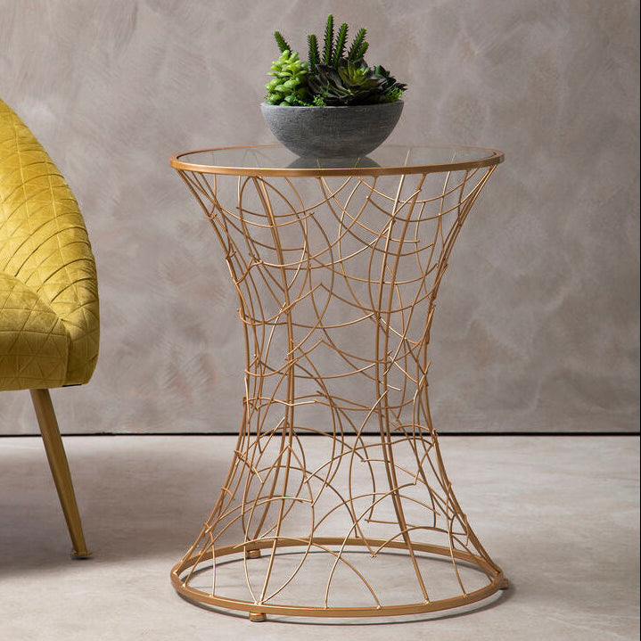 Concave Glass Top Side Table with Rose Gold Finish Iron Frame, Lexa