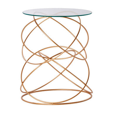 Tempered Glass Top  Circles Accent Table With Gold Finish Geometric Iron Stand, Lexa