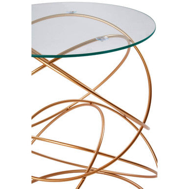 Tempered Glass Top  Circles Accent Table With Gold Finish Geometric Iron Stand, Lexa