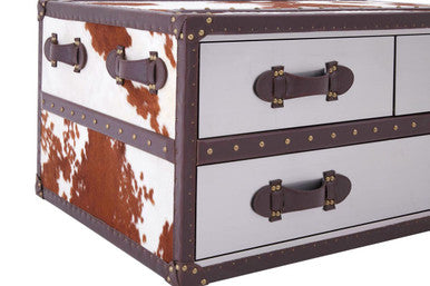 Brown and White Genuine Cowhide Coffee Table with 3 Drawers and Leather Handles, Kensington Townhouse