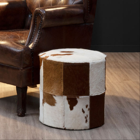 Kensington Townhouse Brown And White Cowhide Hair on Leather Stool