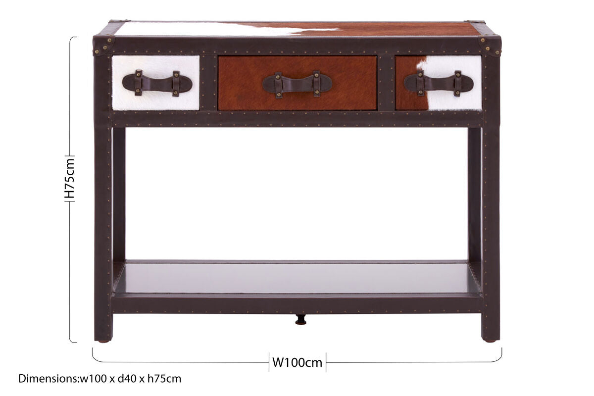 Brown and White Cowhide 3-Drawer Console Table with Leather Trim, Kensington Townhouse