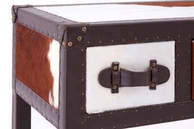 Brown and White Cowhide 3-Drawer Console Table with Leather Trim, Kensington Townhouse