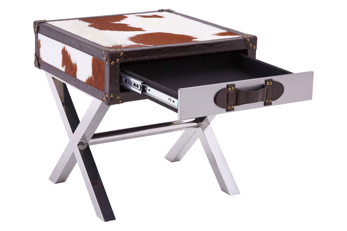 Brown and White Cowhide 1-Drawer Bedside Table with Leather Handle, Kensington Townhouse