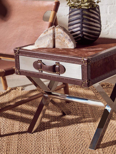 Brown and White Cowhide 1-Drawer Bedside Table with Leather Handle, Kensington Townhouse