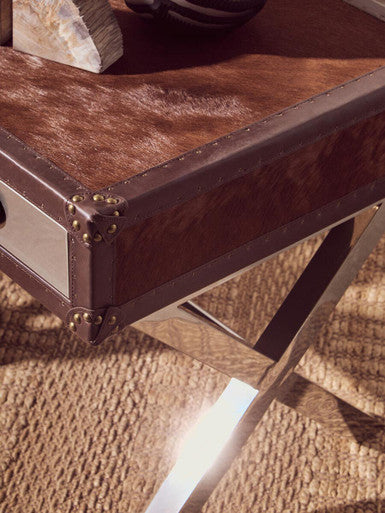 Brown and White Cowhide 1-Drawer Bedside Table with Leather Handle, Kensington Townhouse