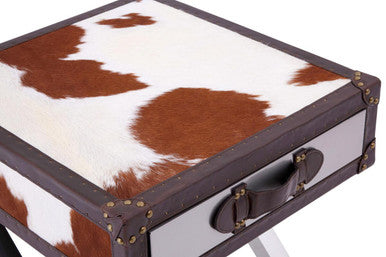 Brown and White Cowhide 1-Drawer Bedside Table with Leather Handle, Kensington Townhouse