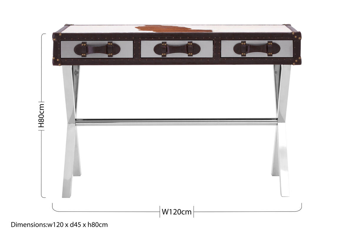 Brown and White Genuine Cowhide 3-Drawer Console Table with Crossed Stainless Steel Legs, Kensington Townhouse