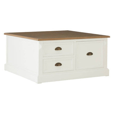 Fir Wood Veneer Top and White Wooden Square Coffee Table with 3 Drawers, Hardwick