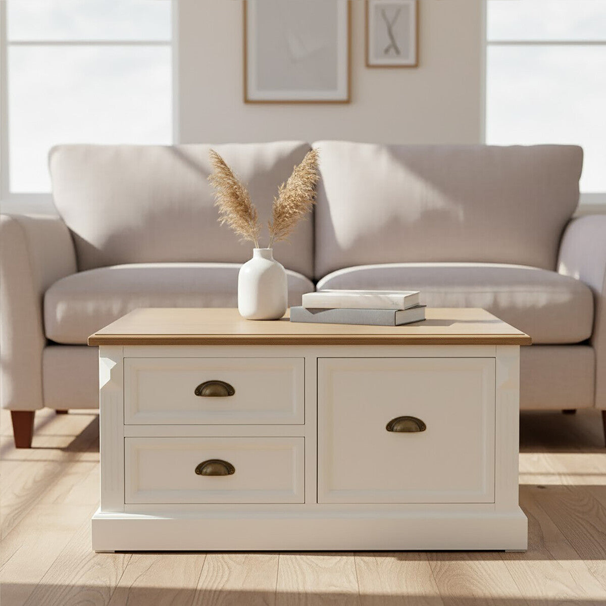 Fir Wood Veneer Top and White Wooden Square Coffee Table with 3 Drawers, Hardwick