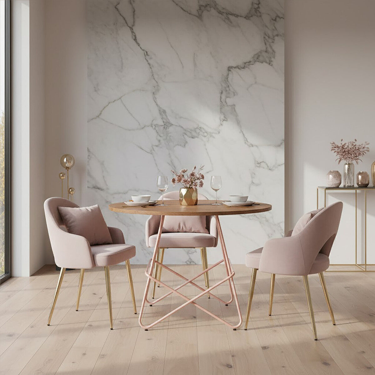 Pink Metal Legs and Natural Elm Wood Top Round Dining Table, District