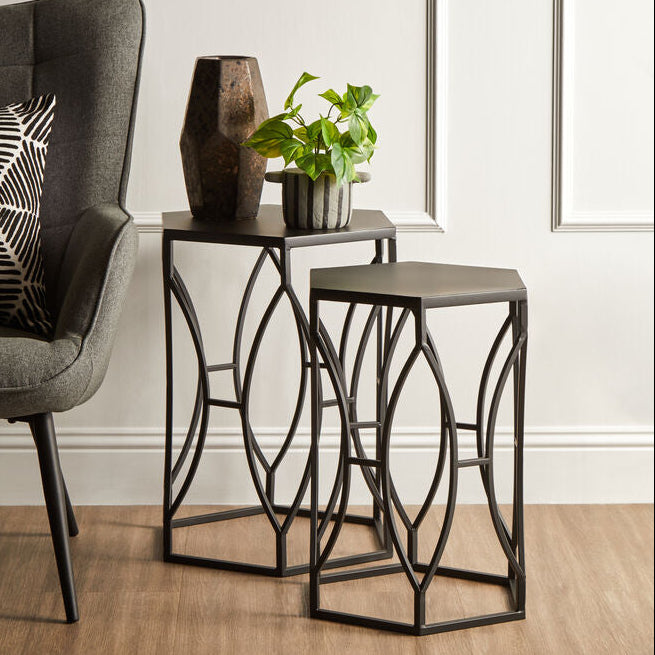 Set of 2 Black Metal Hexagon Top Side Tables with Geometric Industrial Frame, Avantis