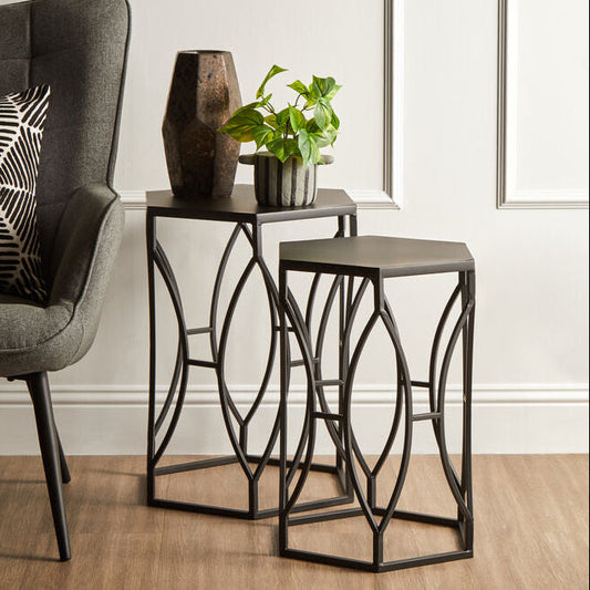 Set of 2 Black Metal Hexagon Top Side Tables with Geometric Industrial Frame | Avantis