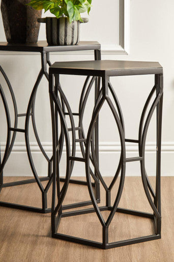Set of 2 Black Metal Hexagon Top Side Tables with Geometric Industrial Frame, Avantis