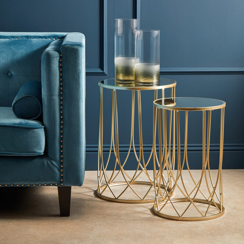 Avantis Champagne Finish Set of 2 Round Side Tables with Crossed Arch Design