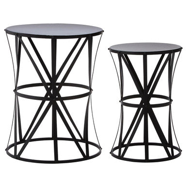Set of 2 Black Round Metal Top Nesting Side Tables with Cross Lattice Frame, Avantis