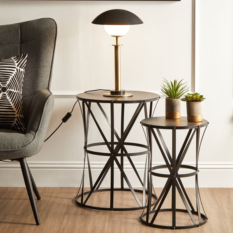 Set of 2 Black Round Metal Top Nesting Side Tables with Cross Lattice Frame, Avantis