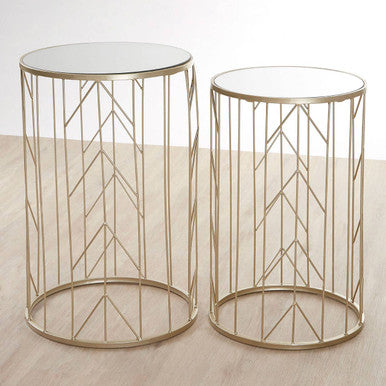 Art Deco Set of Two Champagne Finish Metal Base Side Tables with Reflective Mirrored Tops, Avantis