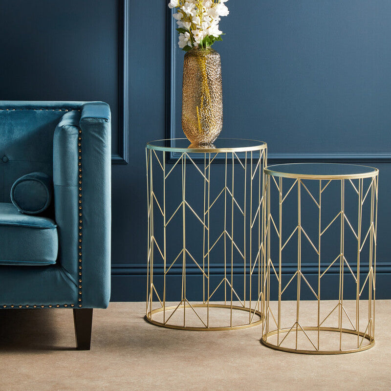 Art Deco Set of Two Champagne Finish Metal Base Side Tables with Reflective Mirrored Tops, Avantis