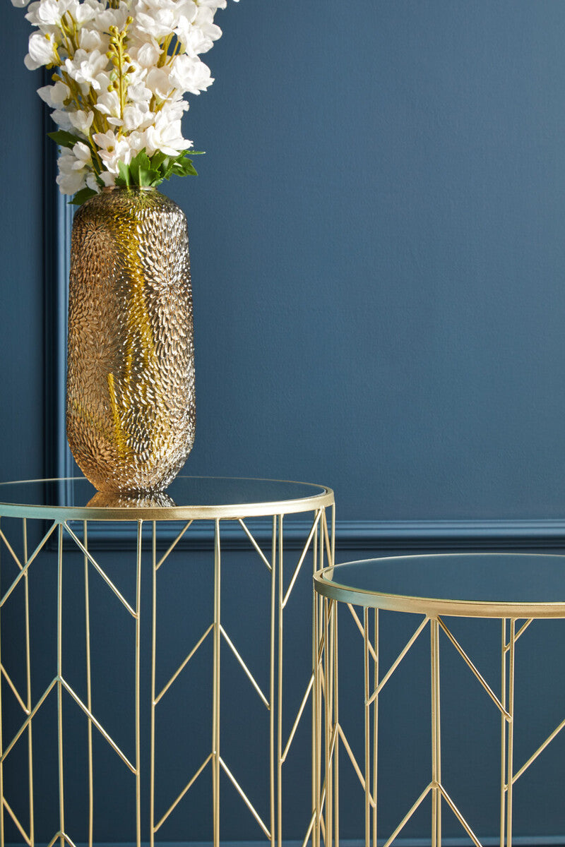 Avantis Champagne Finish Set of 2 Round Side Tables with Geometric Design