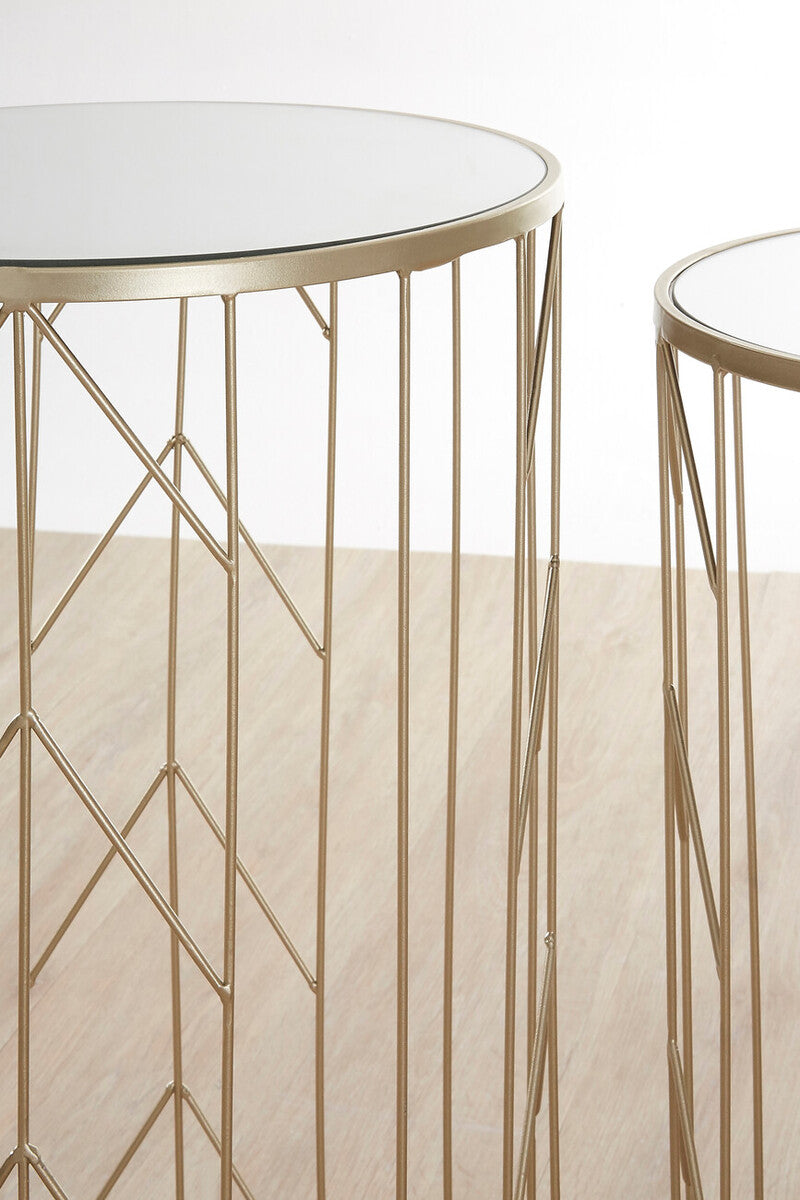 Avantis Champagne Finish Set of 2 Round Side Tables with Geometric Design