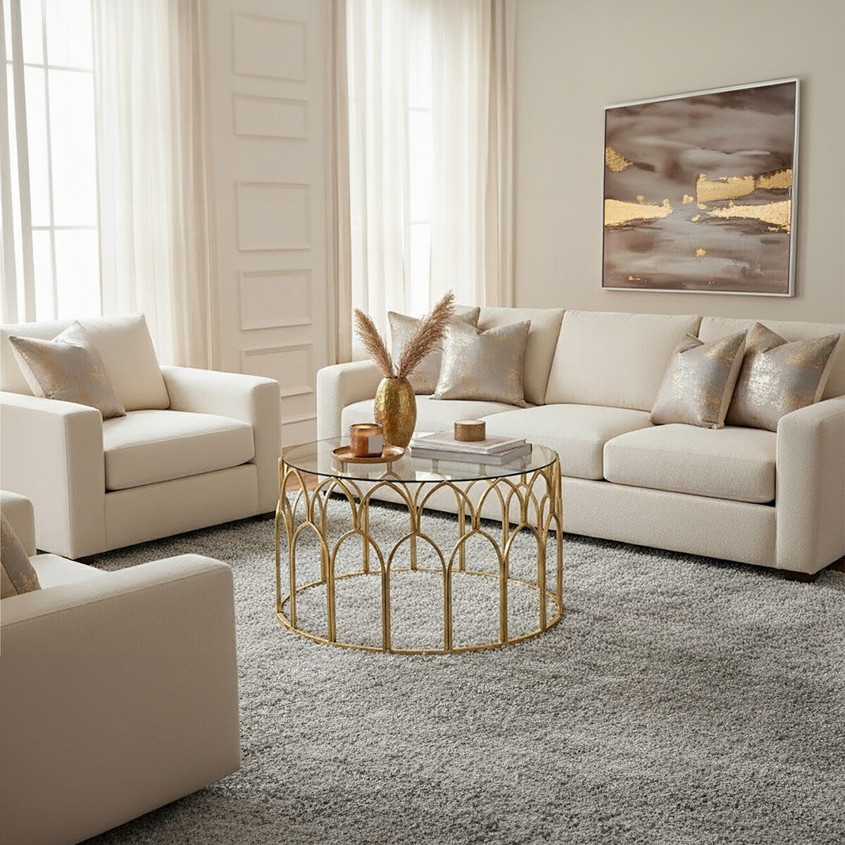 Round Glass Top and Gold Leaf Frame Coffee Table, Merlin