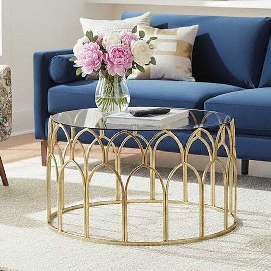 Round Glass Top and Gold Leaf Frame Coffee Table, Merlin