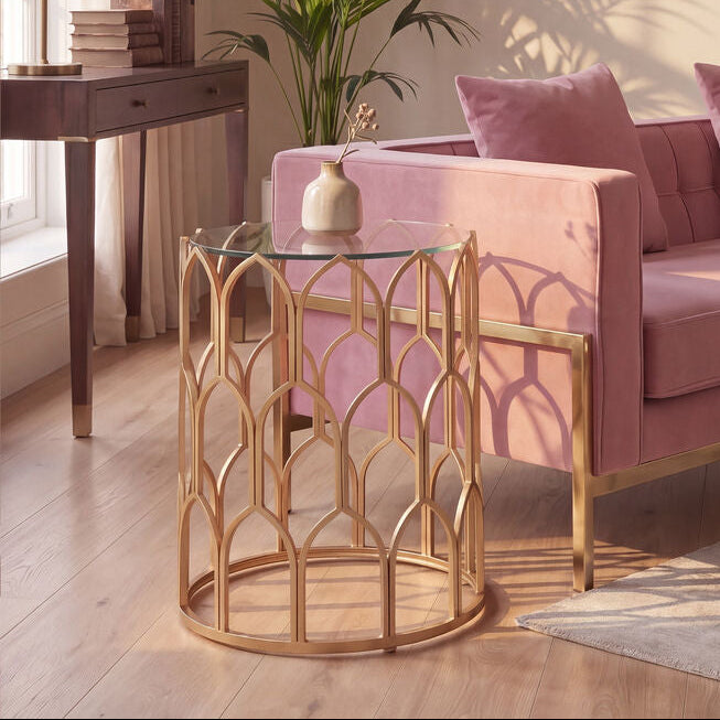 Merlin Gold Finish Side Table with Glass Top