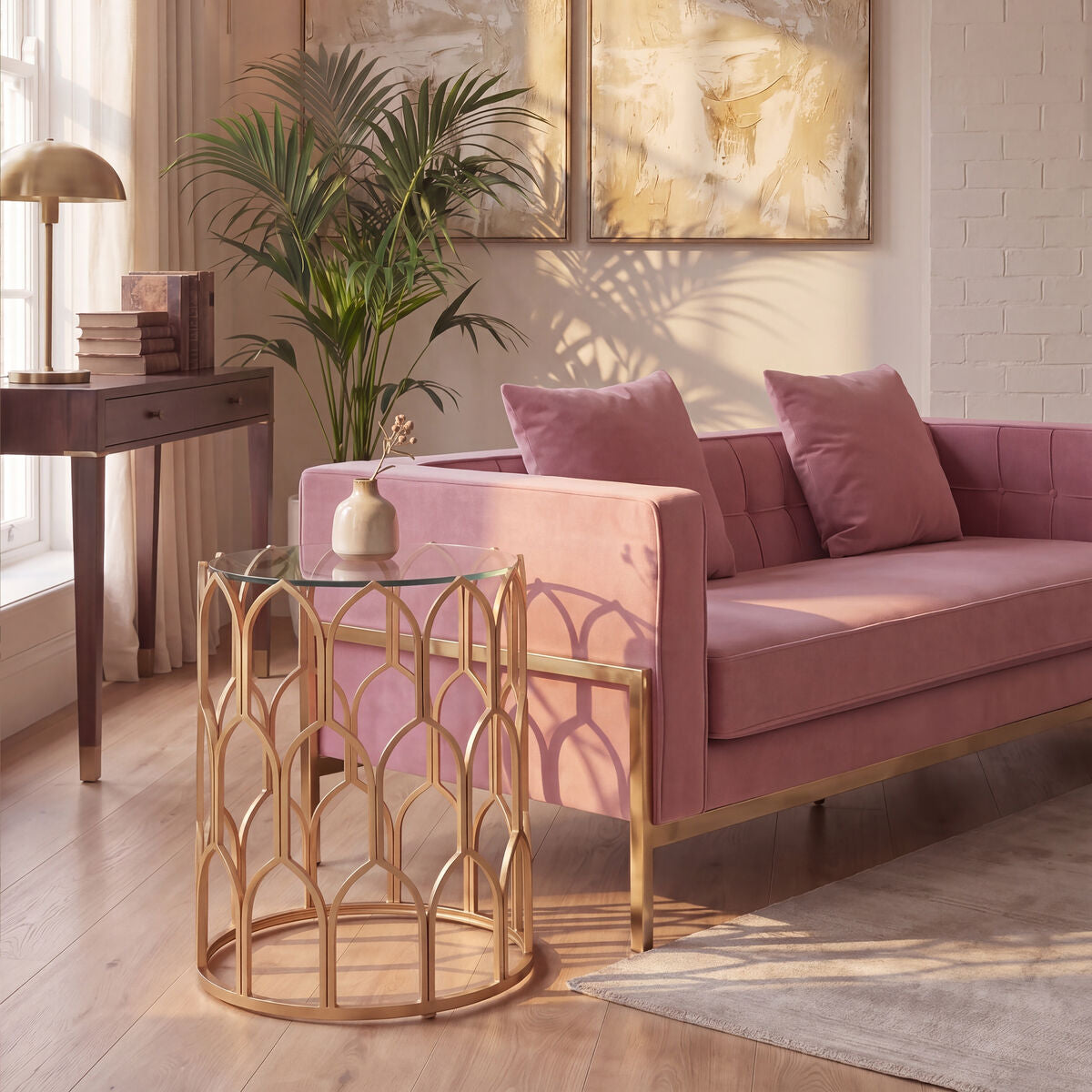 Merlin Gold Finish Side Table with Glass Top