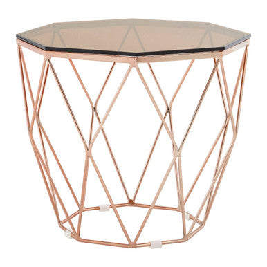 Allure Amber Glass and Rose Gold Finish Hexagonal Side Table
