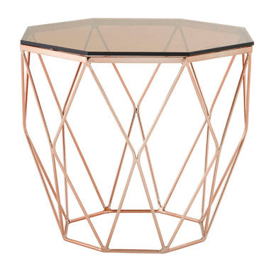 Allure Amber Glass and Rose Gold Finish Hexagonal Side Table