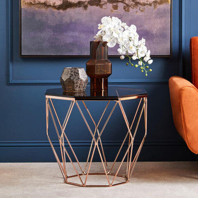 Allure Amber Glass and Rose Gold Finish Hexagonal Side Table