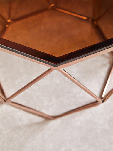 Allure Amber Glass and Rose Gold Finish Hexagonal Side Table