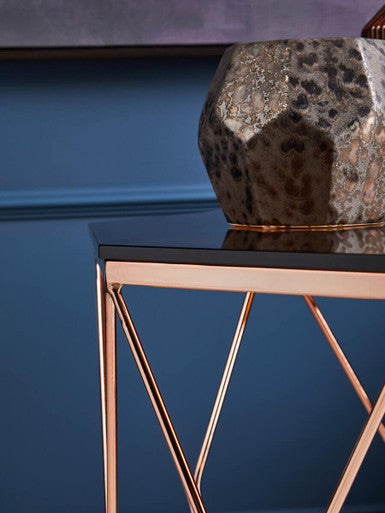 Allure Amber Glass and Rose Gold Finish Hexagonal Side Table