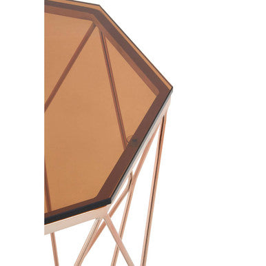 Allure Amber Glass and Rose Gold Finish Hexagonal Side Table