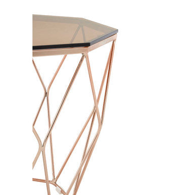 Allure Amber Glass and Rose Gold Finish Hexagonal Side Table