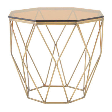 Brush Brushed Bronze Metal Geometric Side Table with Hexagonal Tempered Glass Top, Allure